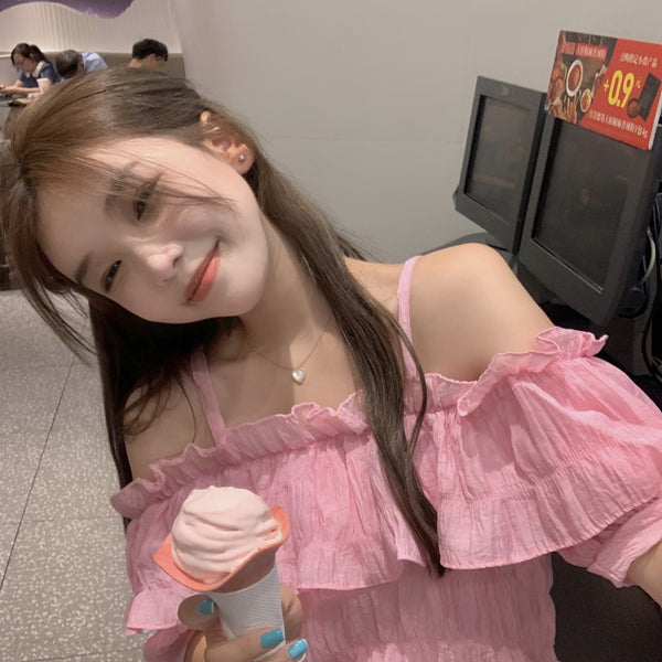 New Style Young Look Sweet Women Off Shoulder Strap Pleated Ruffled Waist Pullover Short Puff Sleeved Top