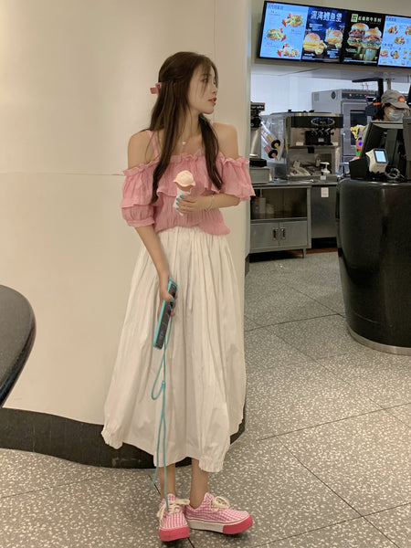 New Style Young Look Sweet Women Off Shoulder Strap Pleated Ruffled Waist Pullover Short Puff Sleeved Top