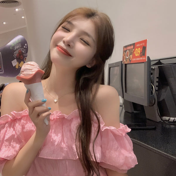 New Style Young Look Sweet Women Off Shoulder Strap Pleated Ruffled Waist Pullover Short Puff Sleeved Top