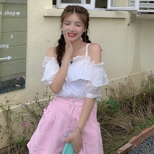 New Style Young Look Sweet Women Off Shoulder Strap Pleated Ruffled Waist Pullover Short Puff Sleeved Top