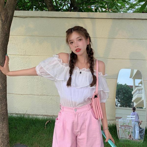 New Style Young Look Sweet Women Off Shoulder Strap Pleated Ruffled Waist Pullover Short Puff Sleeved Top