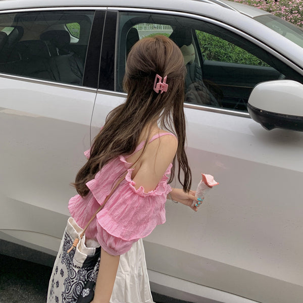 New Style Young Look Sweet Women Off Shoulder Strap Pleated Ruffled Waist Pullover Short Puff Sleeved Top