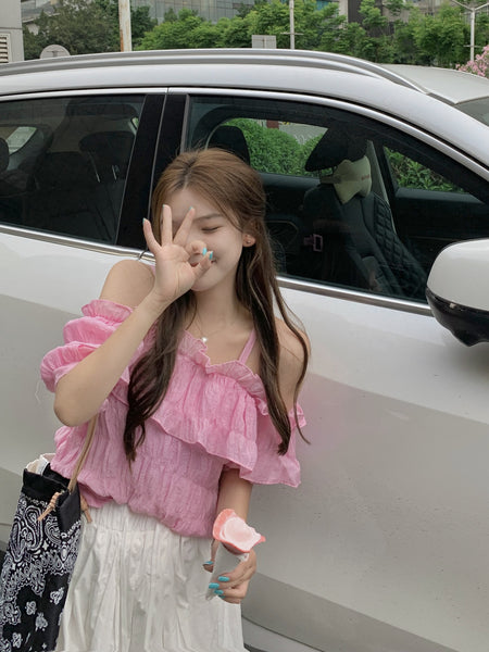 New Style Young Look Sweet Women Off Shoulder Strap Pleated Ruffled Waist Pullover Short Puff Sleeved Top