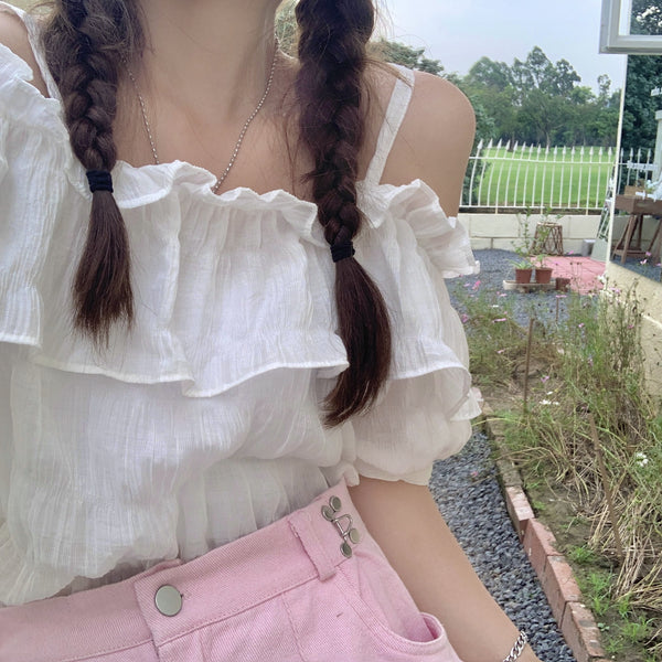 New Style Young Look Sweet Women Off Shoulder Strap Pleated Ruffled Waist Pullover Short Puff Sleeved Top