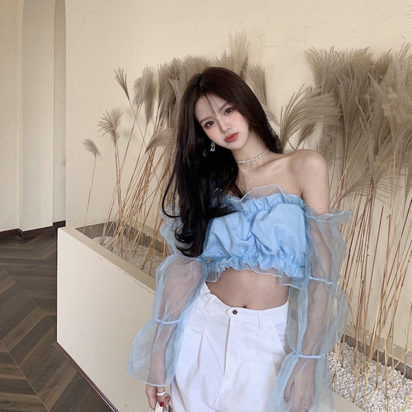 Trendy Sexy Women Puff Ruffled Edge Hem Mesh Trumpet Sleeve Off Shoulder Cropped Tube Top