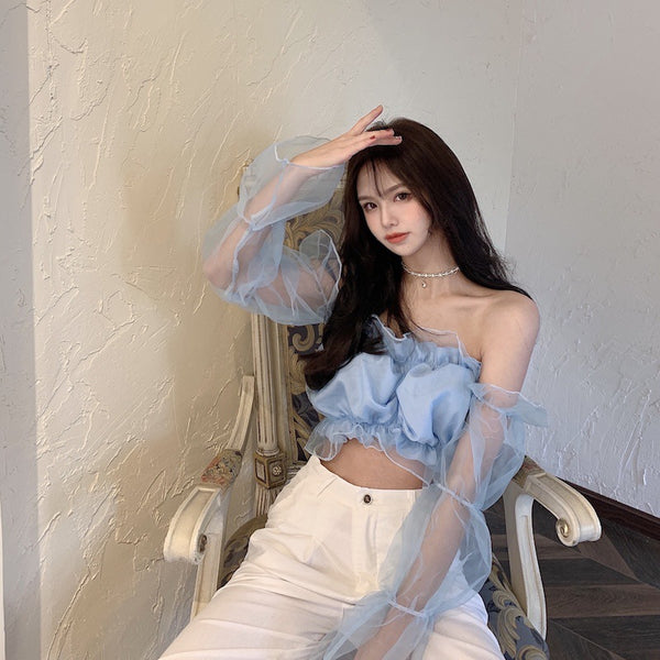 Trendy Sexy Women Puff Ruffled Edge Hem Mesh Trumpet Sleeve Off Shoulder Cropped Tube Top