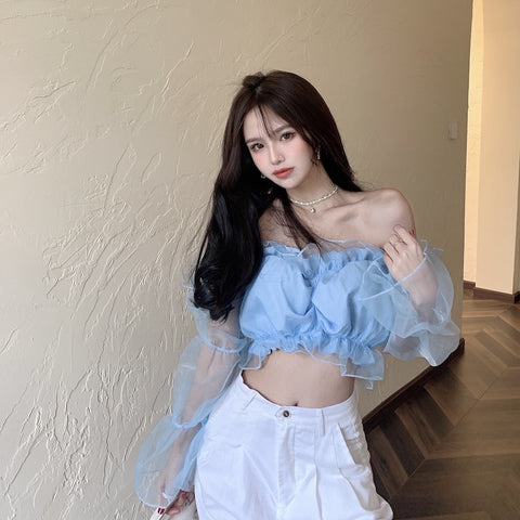 Trendy Sexy Women Puff Ruffled Edge Hem Mesh Trumpet Sleeve Off Shoulder Cropped Tube Top
