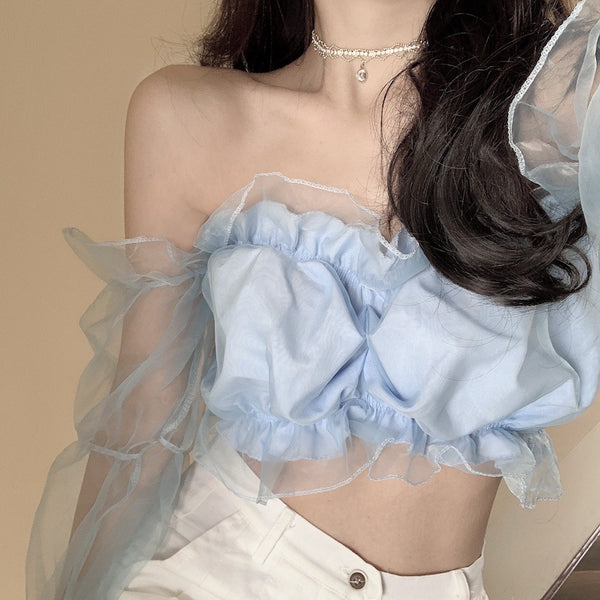 Trendy Sexy Women Puff Ruffled Edge Hem Mesh Trumpet Sleeve Off Shoulder Cropped Tube Top