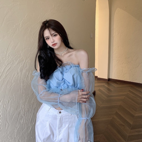 Trendy Sexy Women Puff Ruffled Edge Hem Mesh Trumpet Sleeve Off Shoulder Cropped Tube Top