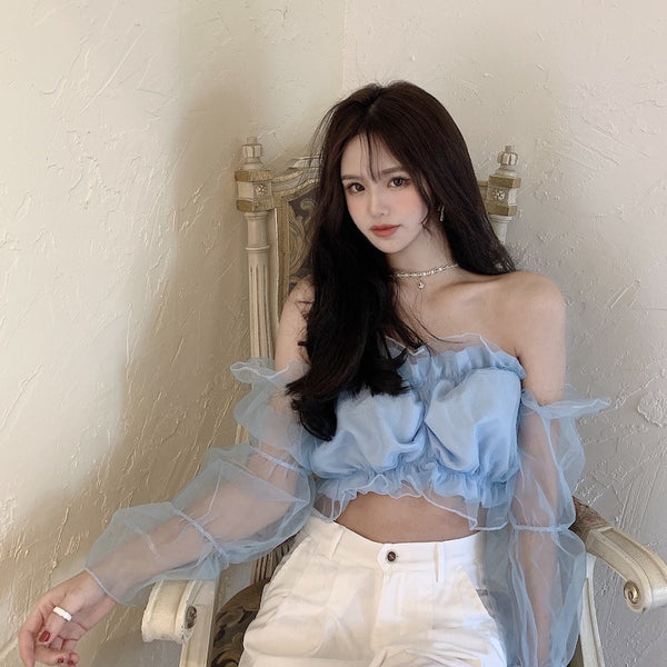 Trendy Sexy Women Puff Ruffled Edge Hem Mesh Trumpet Sleeve Off Shoulder Cropped Tube Top