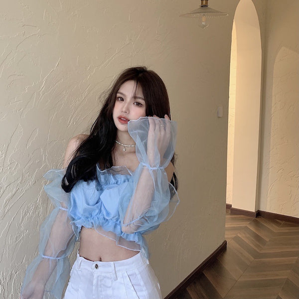 Trendy Sexy Women Puff Ruffled Edge Hem Mesh Trumpet Sleeve Off Shoulder Cropped Tube Top