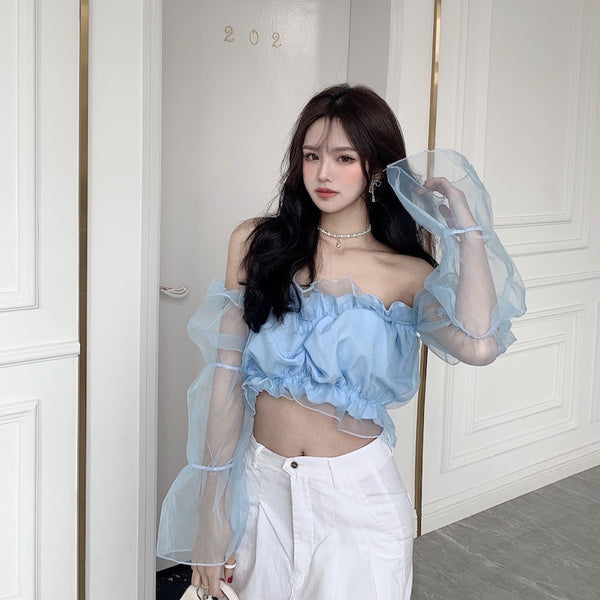 Trendy Sexy Women Puff Ruffled Edge Hem Mesh Trumpet Sleeve Off Shoulder Cropped Tube Top