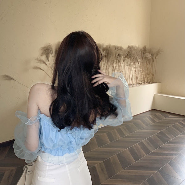 Trendy Sexy Women Puff Ruffled Edge Hem Mesh Trumpet Sleeve Off Shoulder Cropped Tube Top