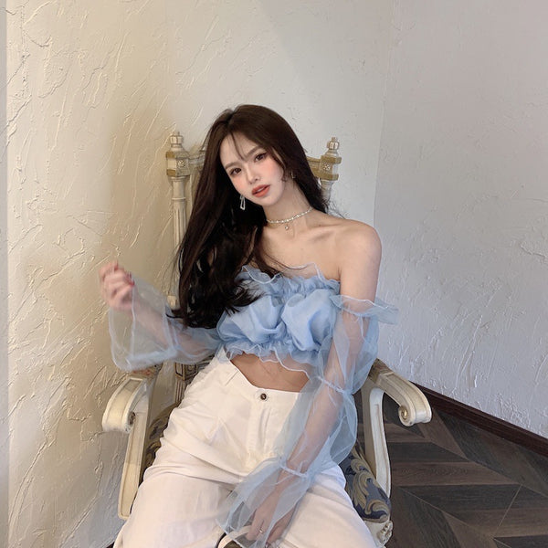 Trendy Sexy Women Puff Ruffled Edge Hem Mesh Trumpet Sleeve Off Shoulder Cropped Tube Top