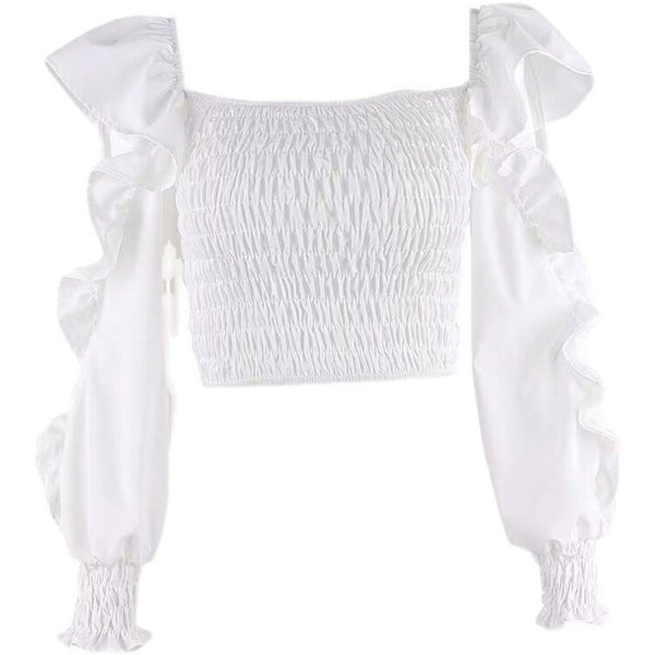 Temperament Women Fancy Smoking Stylish Ruffle Sleeves Square Neck Smoke Tops Off Shoulder Short Crop Top