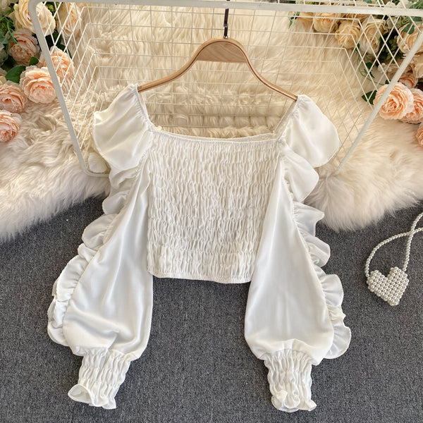 Temperament Women Fancy Smoking Stylish Ruffle Sleeves Square Neck Smoke Tops Off Shoulder Short Crop Top