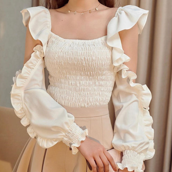 Temperament Women Fancy Smoking Stylish Ruffle Sleeves Square Neck Smoke Tops Off Shoulder Short Crop Top