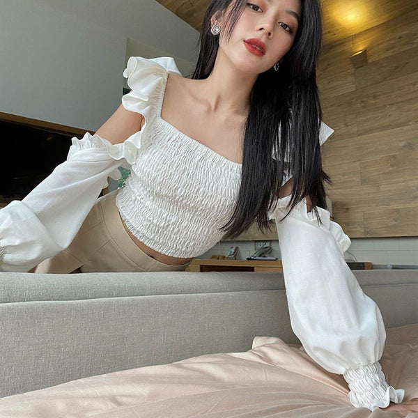 Temperament Women Fancy Smoking Stylish Ruffle Sleeves Square Neck Smoke Tops Off Shoulder Short Crop Top