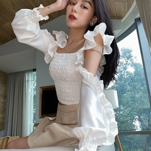 Temperament Women Fancy Smoking Stylish Ruffle Sleeves Square Neck Smoke Tops Off Shoulder Short Crop Top