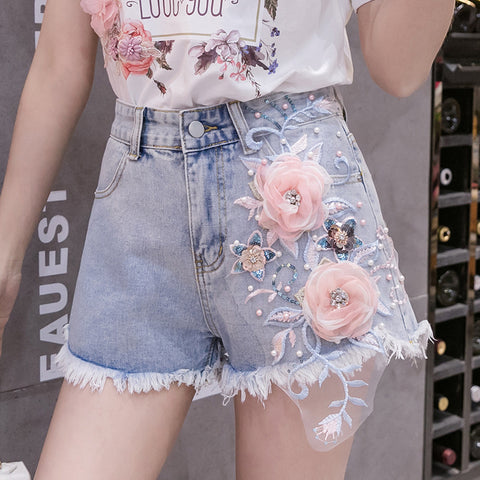 Hot Sweet Women Embroidered 3D Flower Floral High Waist Destructed Shorts Denim Pants
