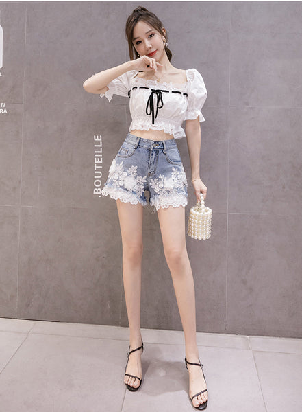 Summer Hot Chic Women Embroidered 3D Lace Floral High Waist Loose Shorts Denim Pants