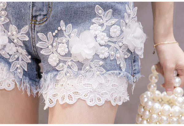 Summer Hot Chic Women Embroidered 3D Lace Floral High Waist Loose Shorts Denim Pants