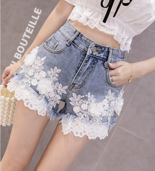 Summer Hot Chic Women Embroidered 3D Lace Floral High Waist Loose Shorts Denim Pants