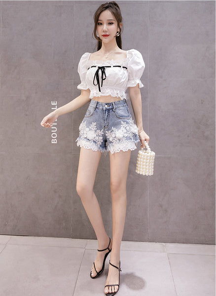 Summer Hot Chic Women Embroidered 3D Lace Floral High Waist Loose Shorts Denim Pants