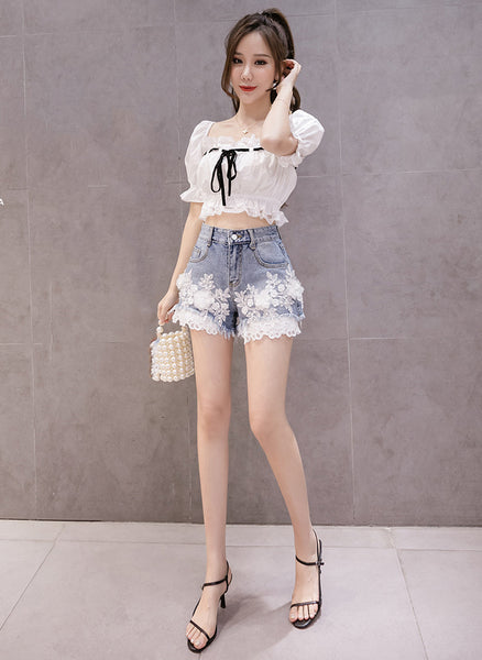 Summer Hot Chic Women Embroidered 3D Lace Floral High Waist Loose Shorts Denim Pants