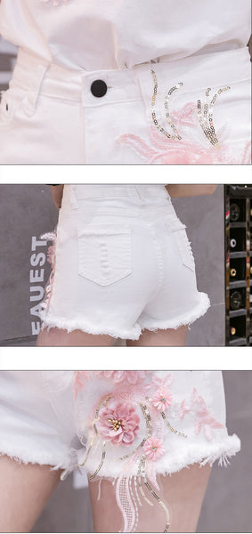 Summer Chic Women Embroidered 3D Pink Floral High Waist Loose Shorts White Denim Pants