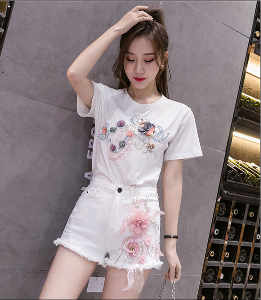 Summer Chic Women Embroidered 3D Pink Floral High Waist Loose Shorts White Denim Pants