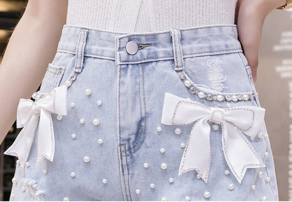 Summer Chic Women Embroidered Beaded Detachable Bow Denim High Waist Loose Shorts Denim Pants