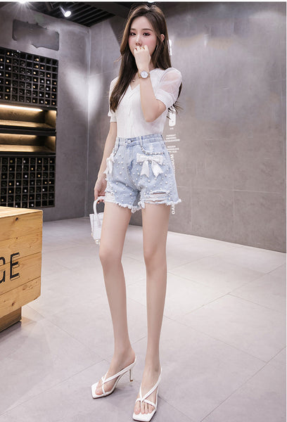 Summer Chic Women Embroidered Beaded Detachable Bow Denim High Waist Loose Shorts Denim Pants