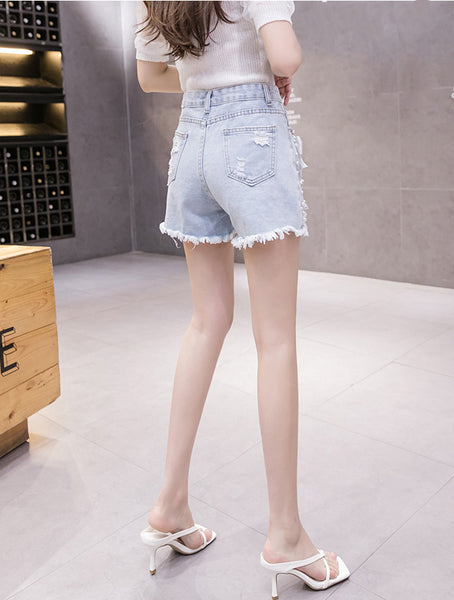 Summer Chic Women Embroidered Beaded Detachable Bow Denim High Waist Loose Shorts Denim Pants