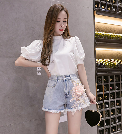 Summer Chic Women Embroidered 3D Pink Floral High Waist Tassel Ripped Jeans Shorts Blue Denim Pants