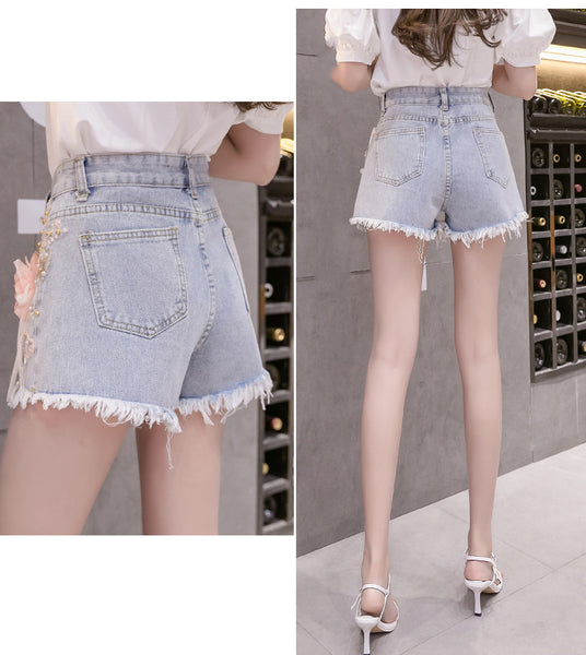 Summer Chic Women Embroidered 3D Pink Floral High Waist Tassel Ripped Jeans Shorts Blue Denim Pants