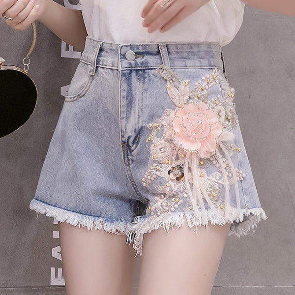Summer Chic Women Embroidered 3D Pink Floral High Waist Tassel Ripped Jeans Shorts Blue Denim Pants