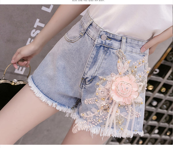 Summer Chic Women Embroidered 3D Pink Floral High Waist Tassel Ripped Jeans Shorts Blue Denim Pants