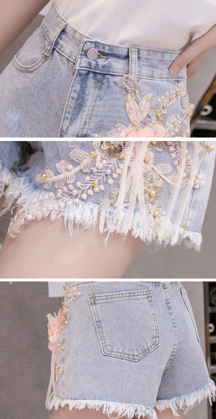 Summer Chic Women Embroidered 3D Pink Floral High Waist Tassel Ripped Jeans Shorts Blue Denim Pants