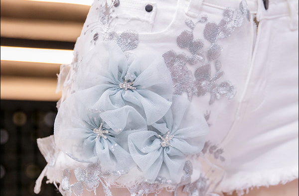Summer Look Good Women Embroidered 3D Blue Floral High Waist Tassel Ripped Jeans Shorts White Denim Pants
