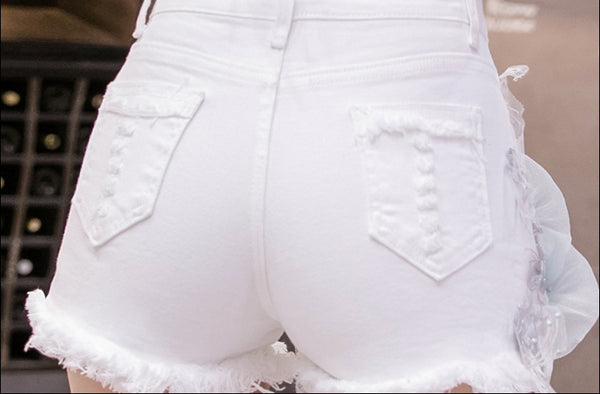 Summer Look Good Women Embroidered 3D Blue Floral High Waist Tassel Ripped Jeans Shorts White Denim Pants