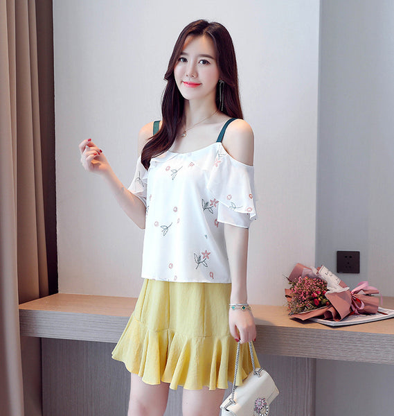Summer Fairy Ladies Attractive Ruffled Chiffon Blouse Shirt Off Shoulder Floral Printed Short Sleeved Top