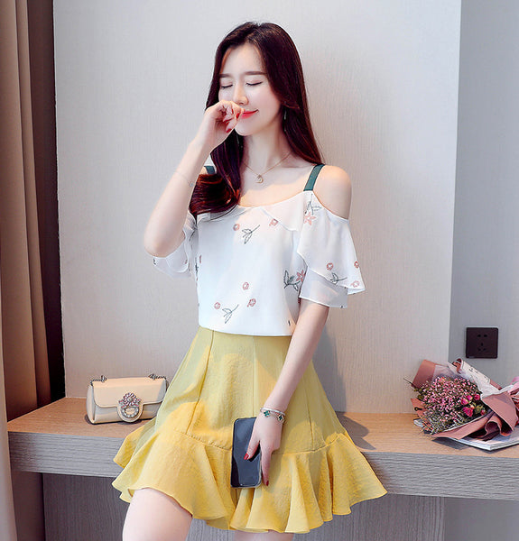 Summer Fairy Ladies Attractive Ruffled Chiffon Blouse Shirt Off Shoulder Floral Printed Short Sleeved Top