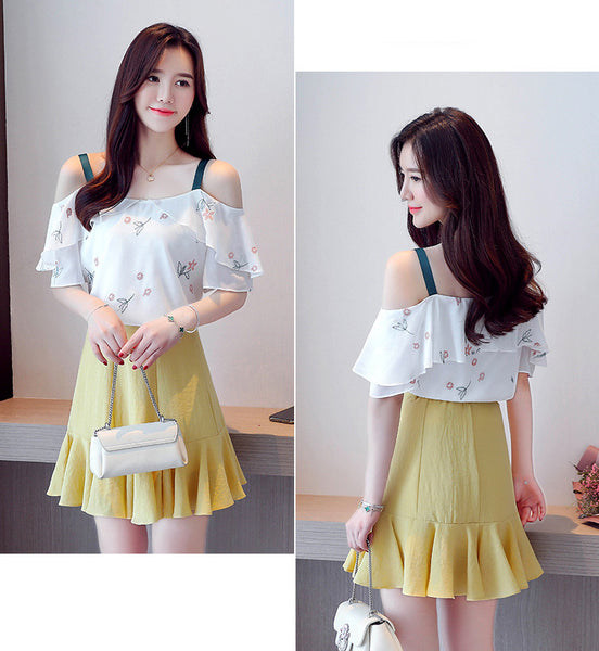 Summer Fairy Ladies Attractive Ruffled Chiffon Blouse Shirt Off Shoulder Floral Printed Short Sleeved Top