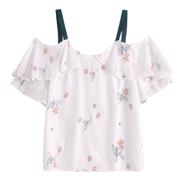 Summer Fairy Ladies Attractive Ruffled Chiffon Blouse Shirt Off Shoulder Floral Printed Short Sleeved Top