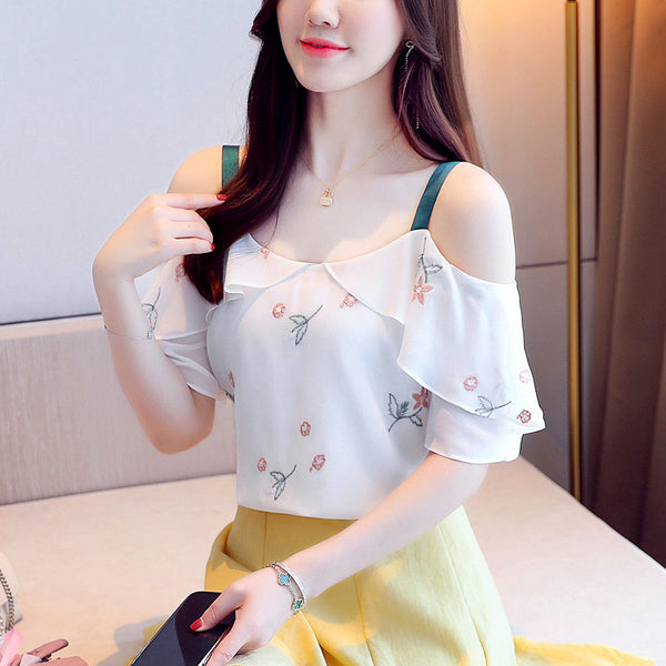 Summer Fairy Ladies Attractive Ruffled Chiffon Blouse Shirt Off Shoulder Floral Printed Short Sleeved Top