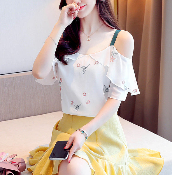 Summer Fairy Ladies Attractive Ruffled Chiffon Blouse Shirt Off Shoulder Floral Printed Short Sleeved Top