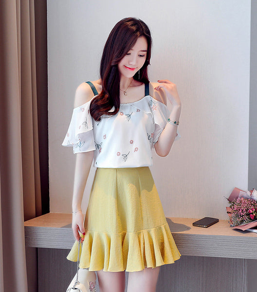 Summer Fairy Ladies Attractive Ruffled Chiffon Blouse Shirt Off Shoulder Floral Printed Short Sleeved Top