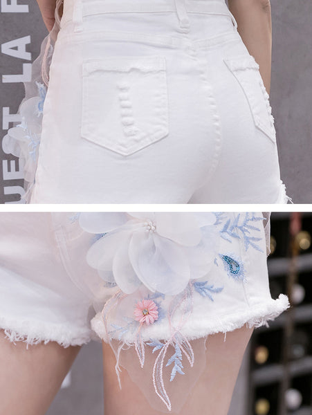 Summer Beauty Women Embroidered 3D White Floral High Waist Tassel Ripped Jeans Shorts Denim Pants