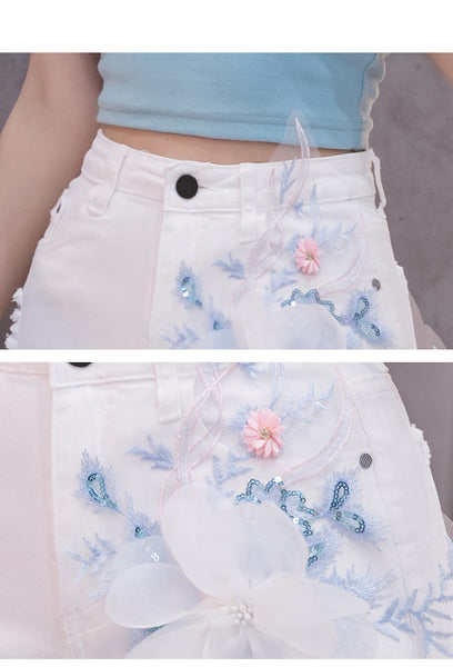 Summer Beauty Women Embroidered 3D White Floral High Waist Tassel Ripped Jeans Shorts Denim Pants